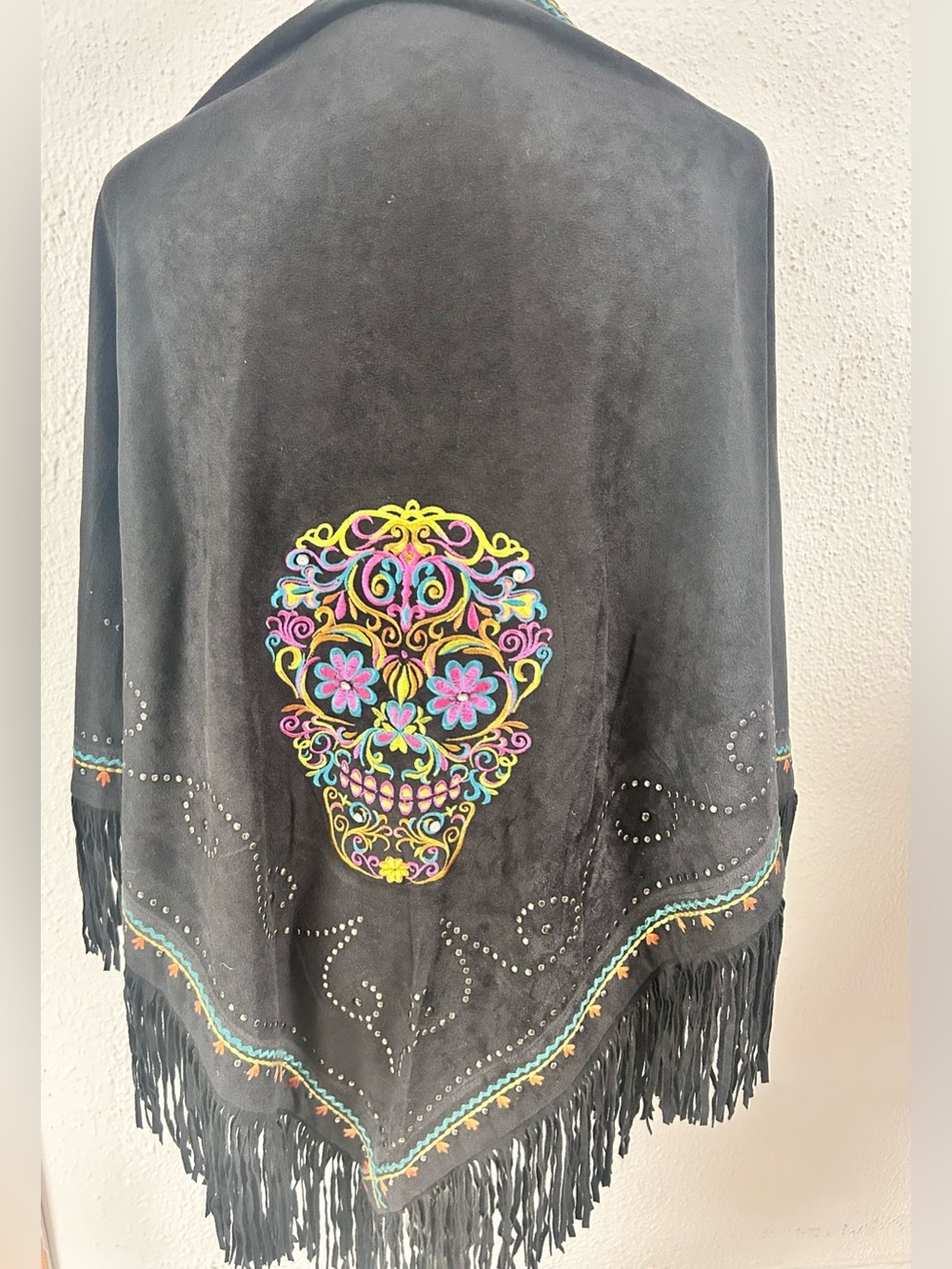 Montana West Handmade Cardigan Shawl with Sugar Skull Design Black Fringe NEW